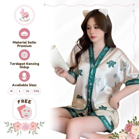 One Set Wanita The Peony Baju Tidur Pajamas Motif Setelan Piyama Dewasa Celana Pendek Satin