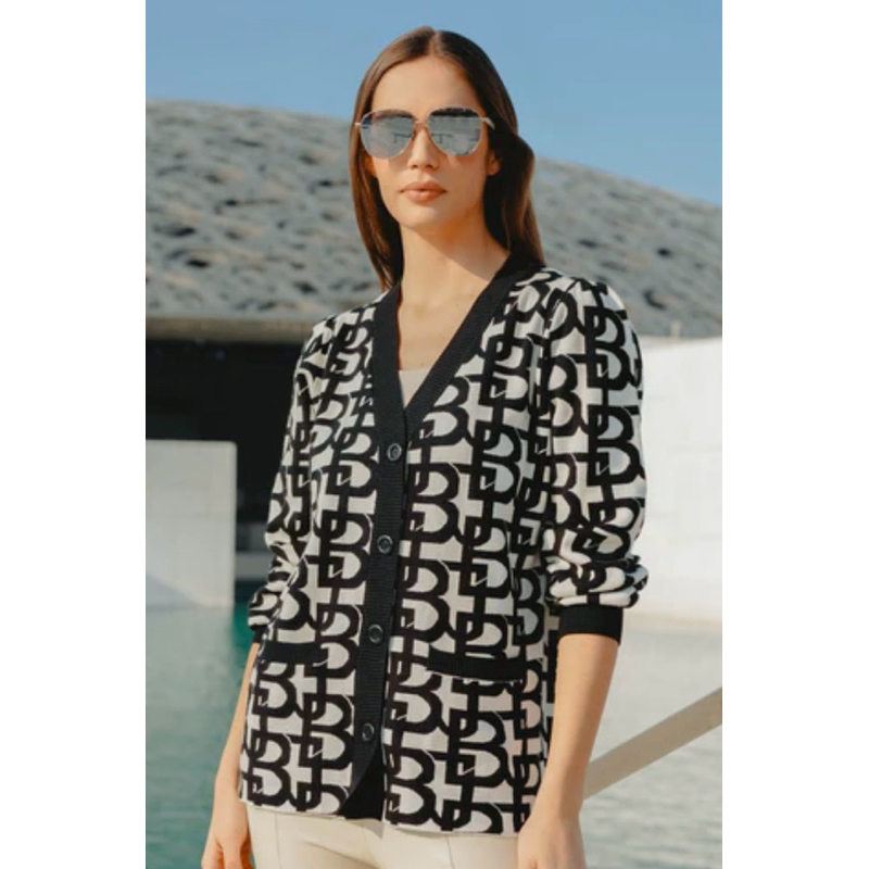 Monogram Bell Sleeve Buttoned Crop Cardigan - Oreo