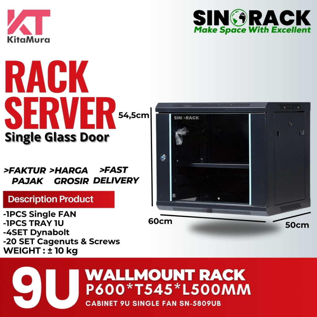 Jual Rack Server WallMount 9U Depth 500mm , Rack Server Single Door ...