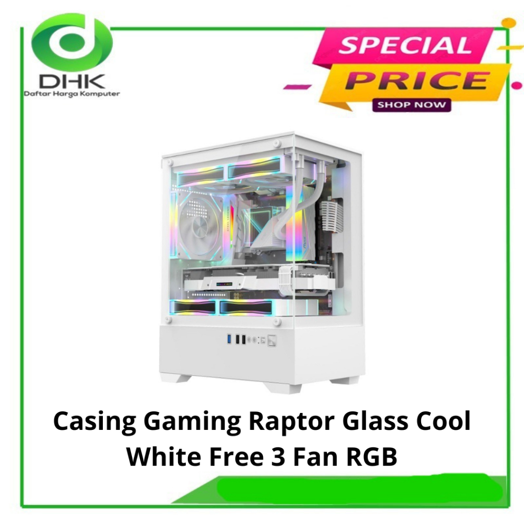 Jual Casing Gaming Raptor Glass Cool White & Hitam Free 3 Fan RGB ...