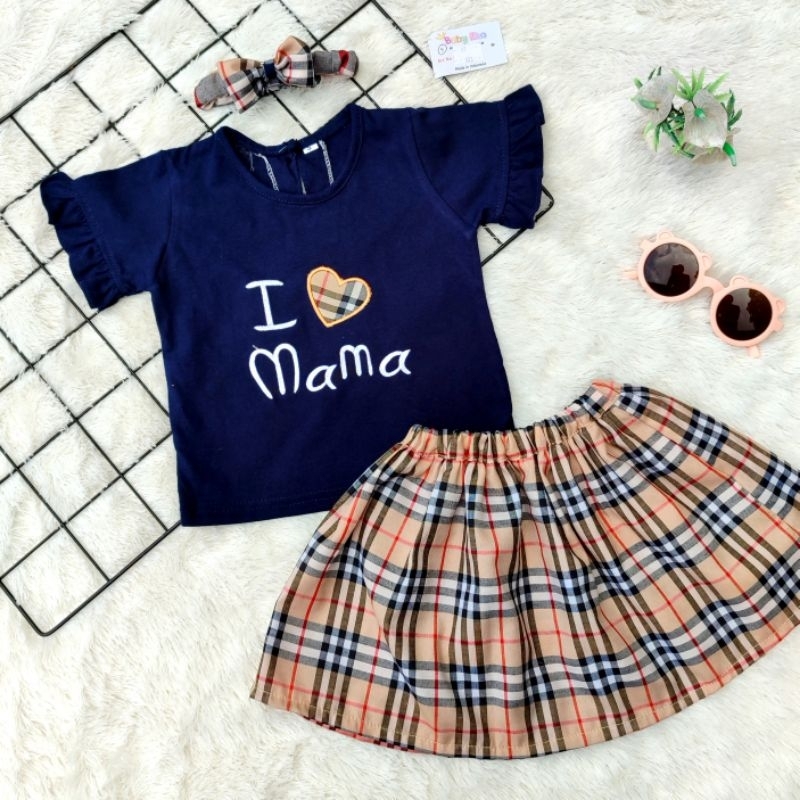 Jual SETELAN ROK ANAK BAYI I LOVE MAMA ROK KOTAK KOTAK GRATIS