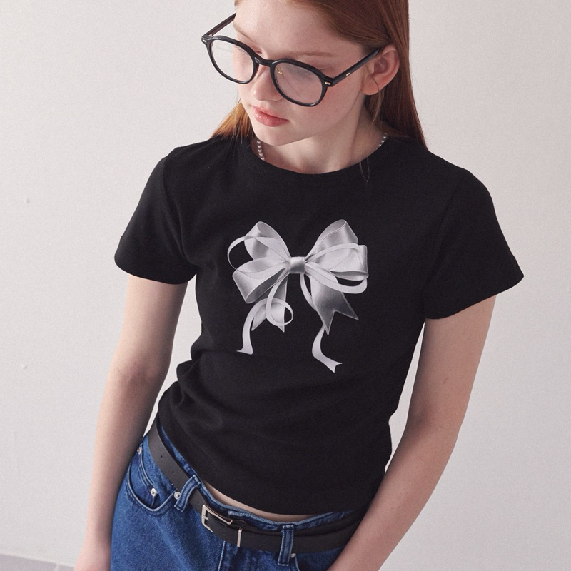 Jual RONRON - Double Ribbon Slim Crop T-shirt | Shopee Indonesia