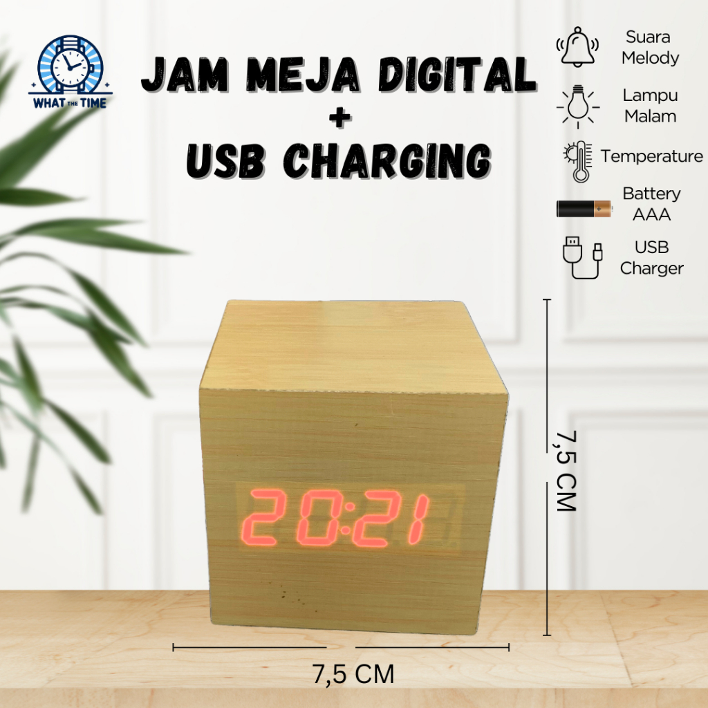 Jual WTT Jam Meja Digital LED Suhu Kayu Minimalis USB Charger Digital ...