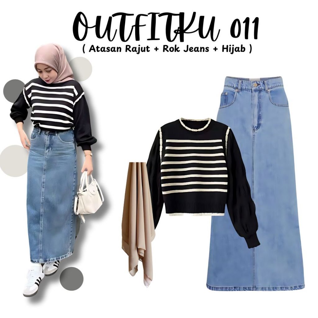 Jual One Set 3in1 Atasan Rajut Rok Jeans Hijab Bella Square