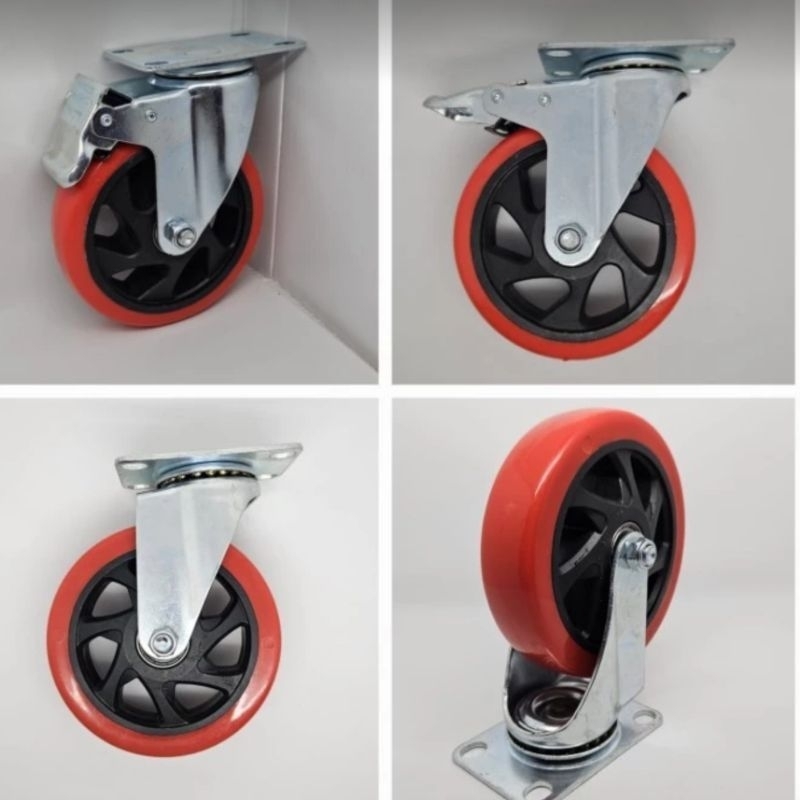 Jual Roda pu merah 5 inch 2putar+rem 2putar ball bearing | Shopee Indonesia