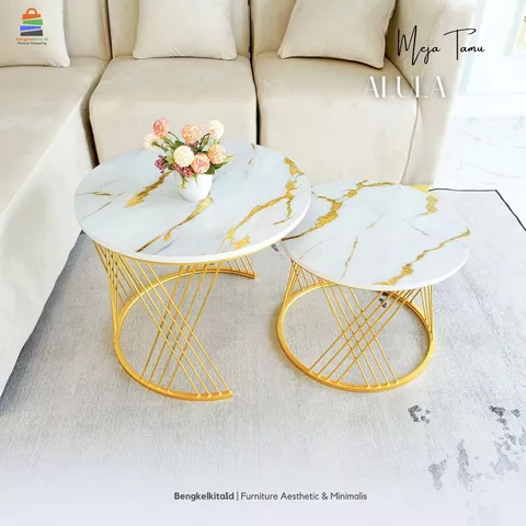 Meja Tamu Meja Ruang Tamu Aesthetic Meja Bulat Set 2in1 Meja Alula Samping Sofa Besi Holo Marmer Mewah