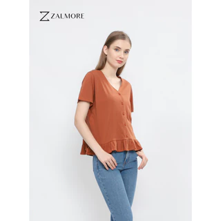 Zalmore Luma Cotton Vneck Button Top with Ruffle Premium Cotton - Atasan Wanita