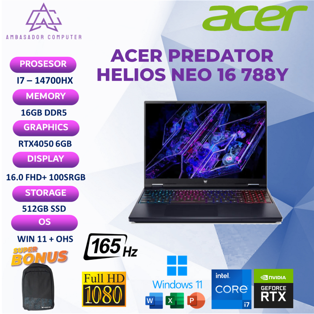 Jual Acer Predator Helios Neo 16 i7 14700HX RTX4050 6GB 16GB 512GB Full ...