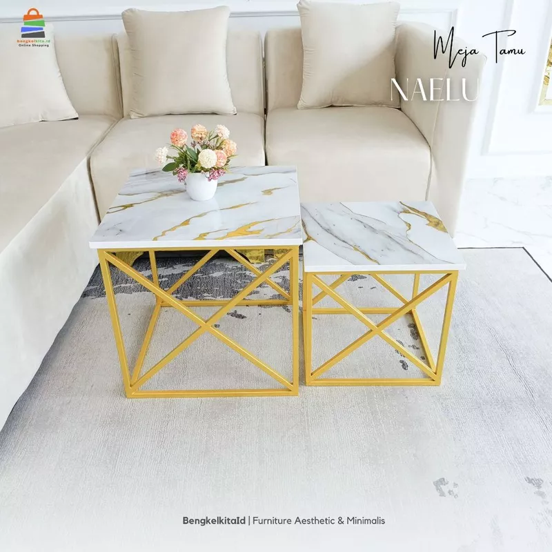 Meja Tamu Aesthetic Meja Kotak Set 2in1 - MEJA NAELU - Samping Sofa Besi Holo Cat Duco