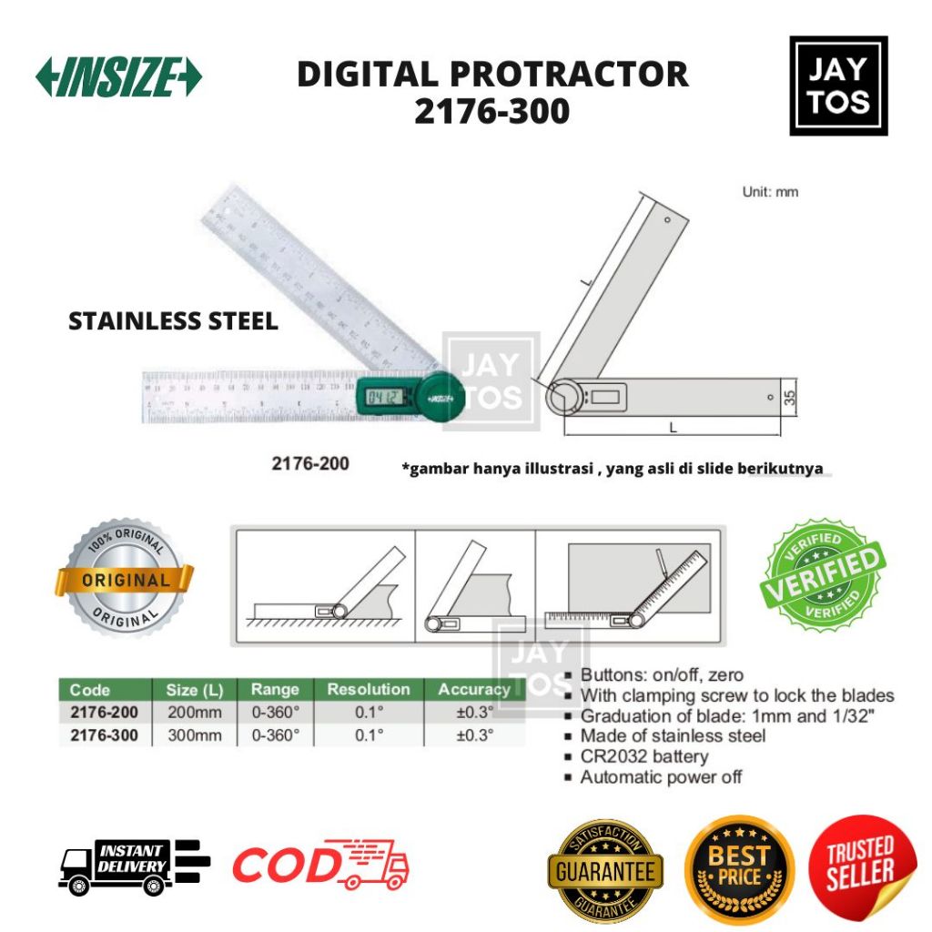Jual Insize 2176-300 Digital Protractor Stainless Steel 300 mm Alat ...