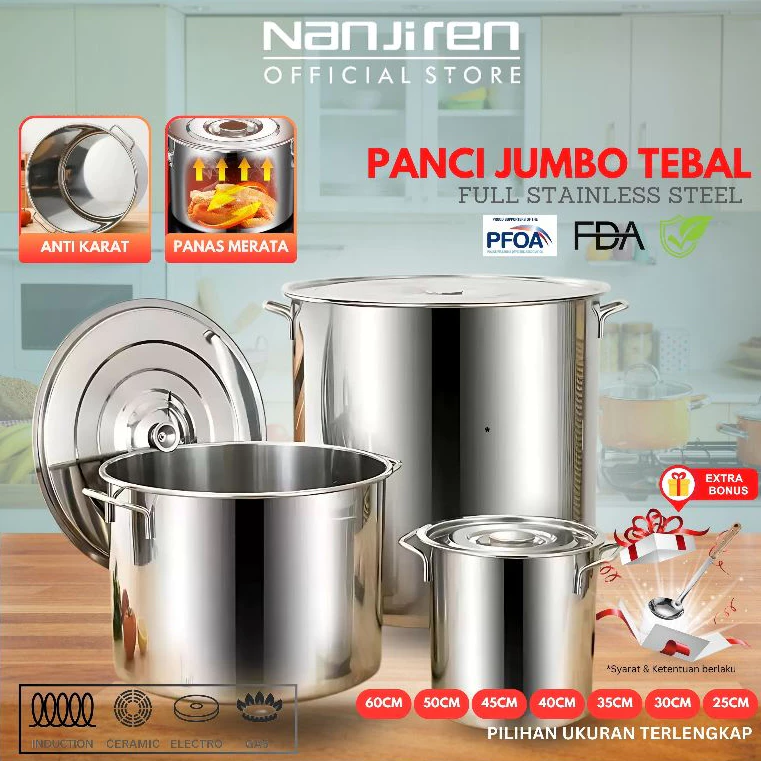 Nanjiren - panci tebal tinggi besar stockpot dandang stainless steel + lid