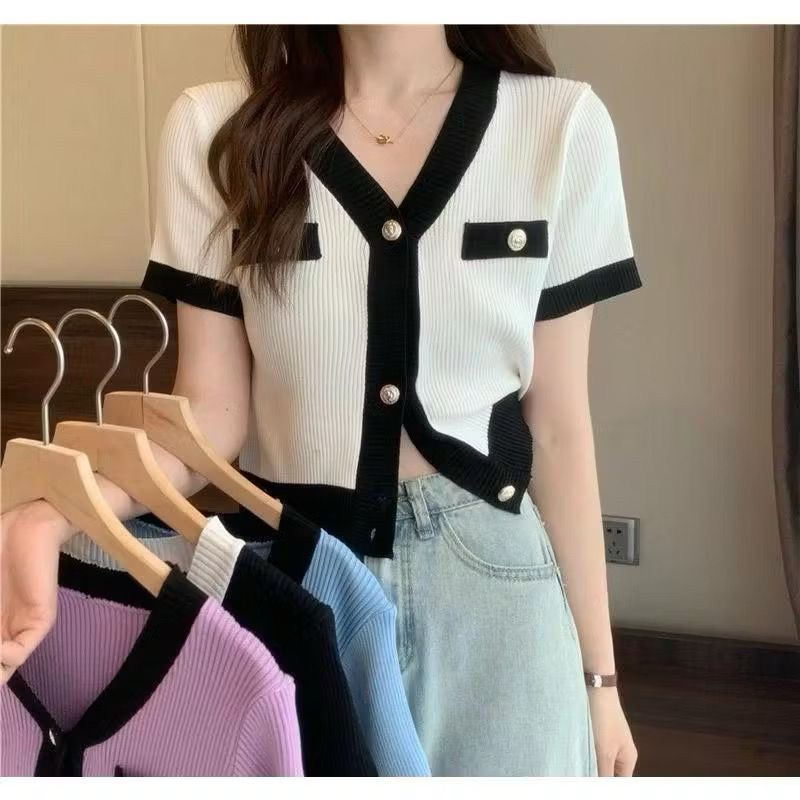 Jual Blouse Rajut Stripe Kancing Aktif Lengan Pendek - Atasan Wanita ...