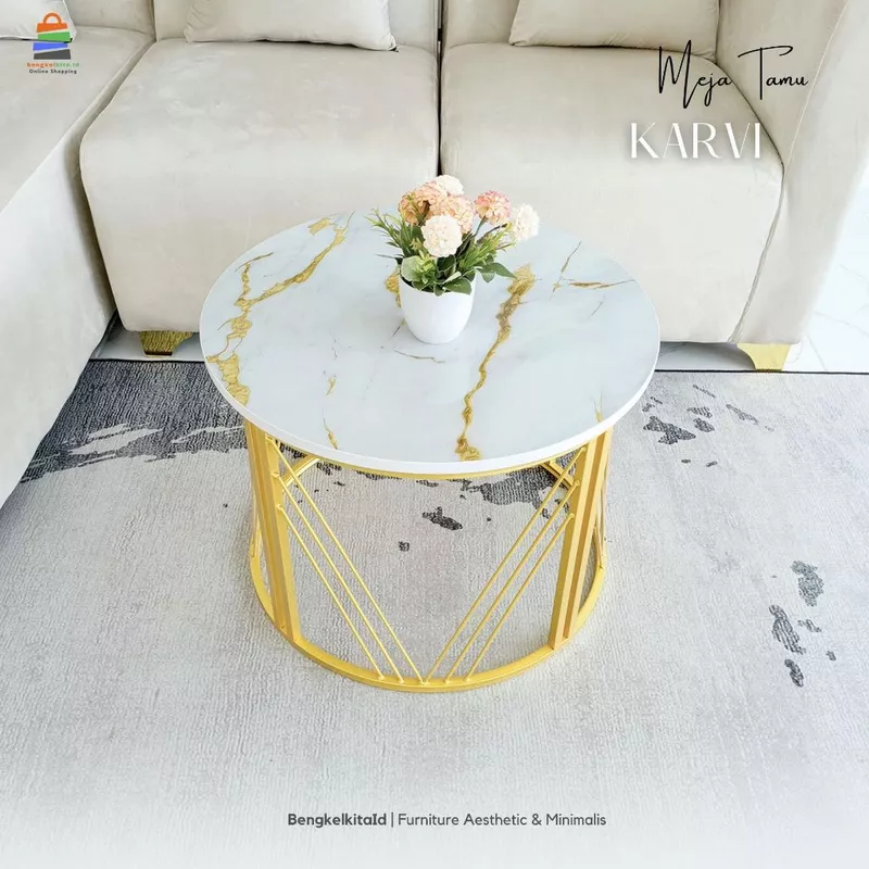 Meja Tamu Bulat Aesthetic Meja Sofa Minimalis - MEJA KARVI - Single Besi Holo Marmer Mewah