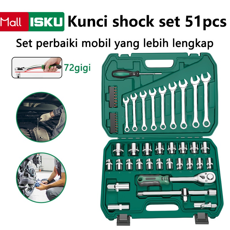 ISKU Kunci Shock Set Kunci Mata Sok 51PCS 24Gigi Set Socket Full TOOL KIT Alat Perbaikan Mobil Set 1/4‘’ Seri Kunci Set