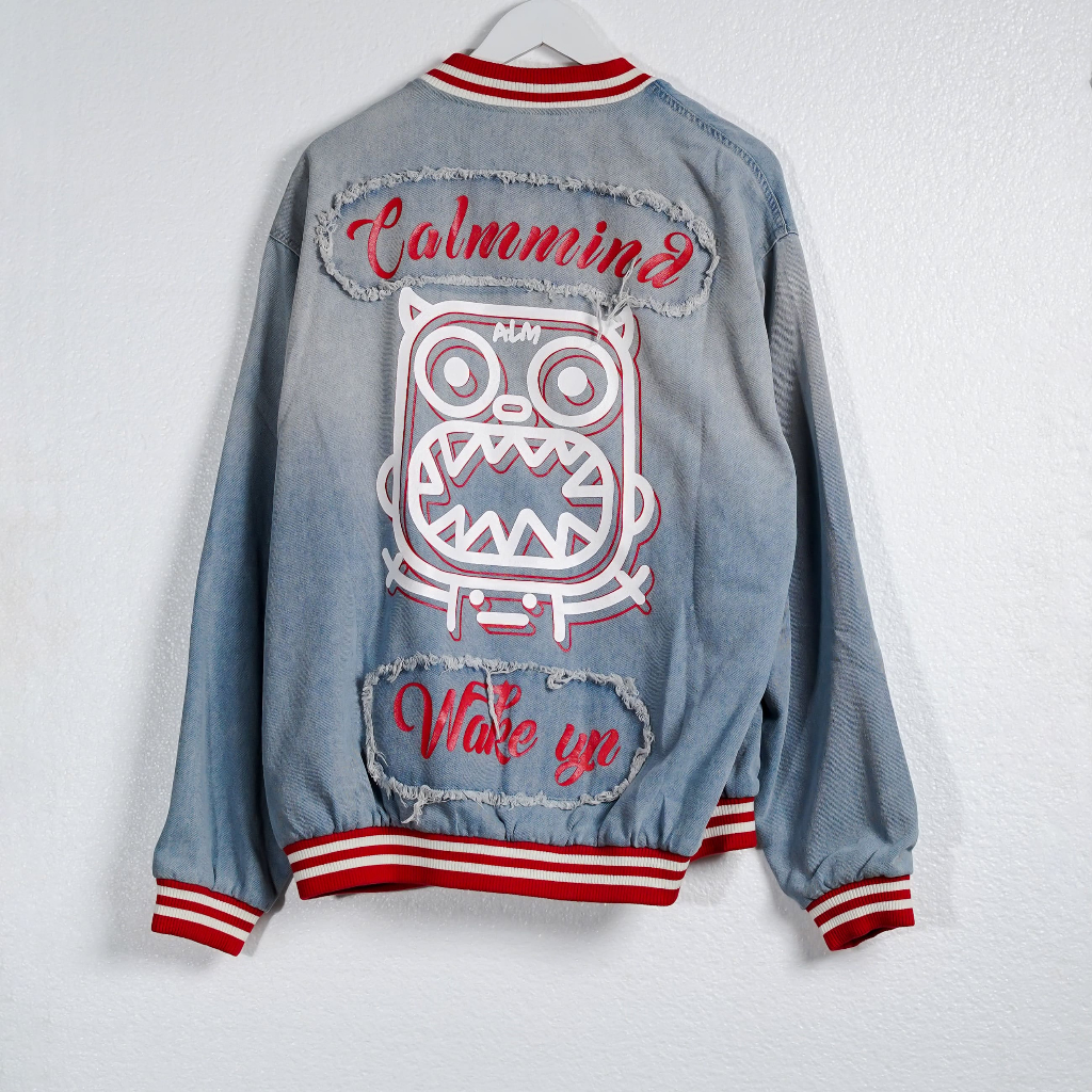 Jual Jacket CALM MIND MONSTER RED DENIM BLUE VARSITY JACKET 100% ...