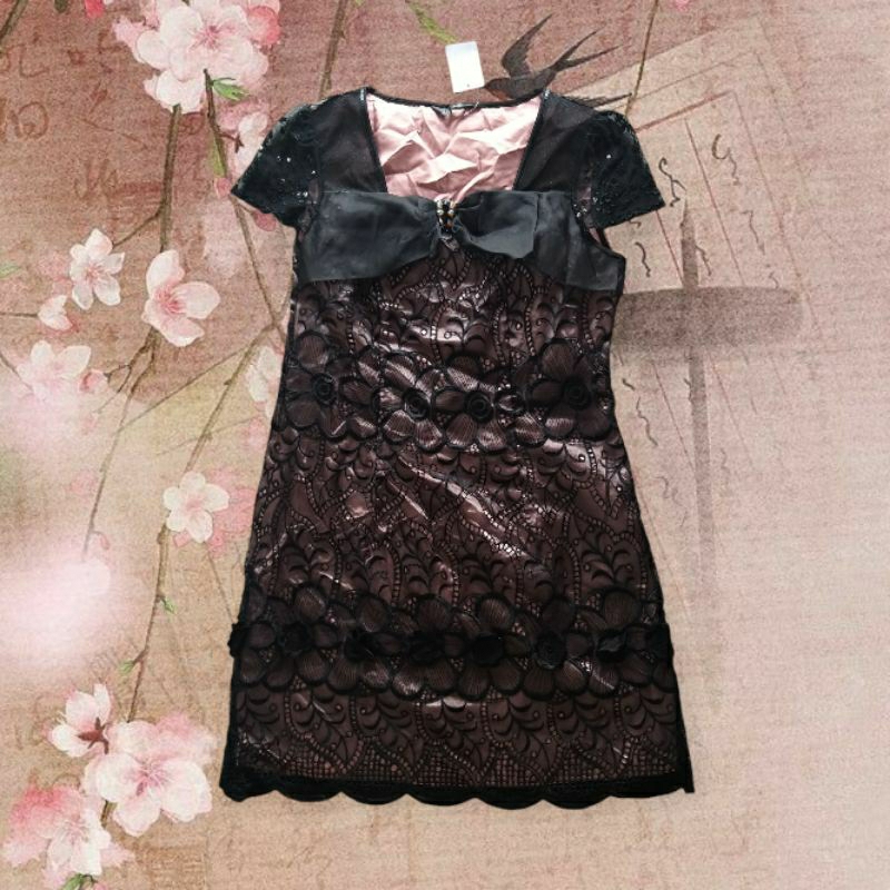 Jual Coral Peach Black Floral Embriodery Lace Mini Dress | gaun rok ...