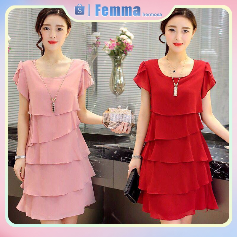 Gaun Wanita Sifon Bunga Lengan Pendek Layer Import