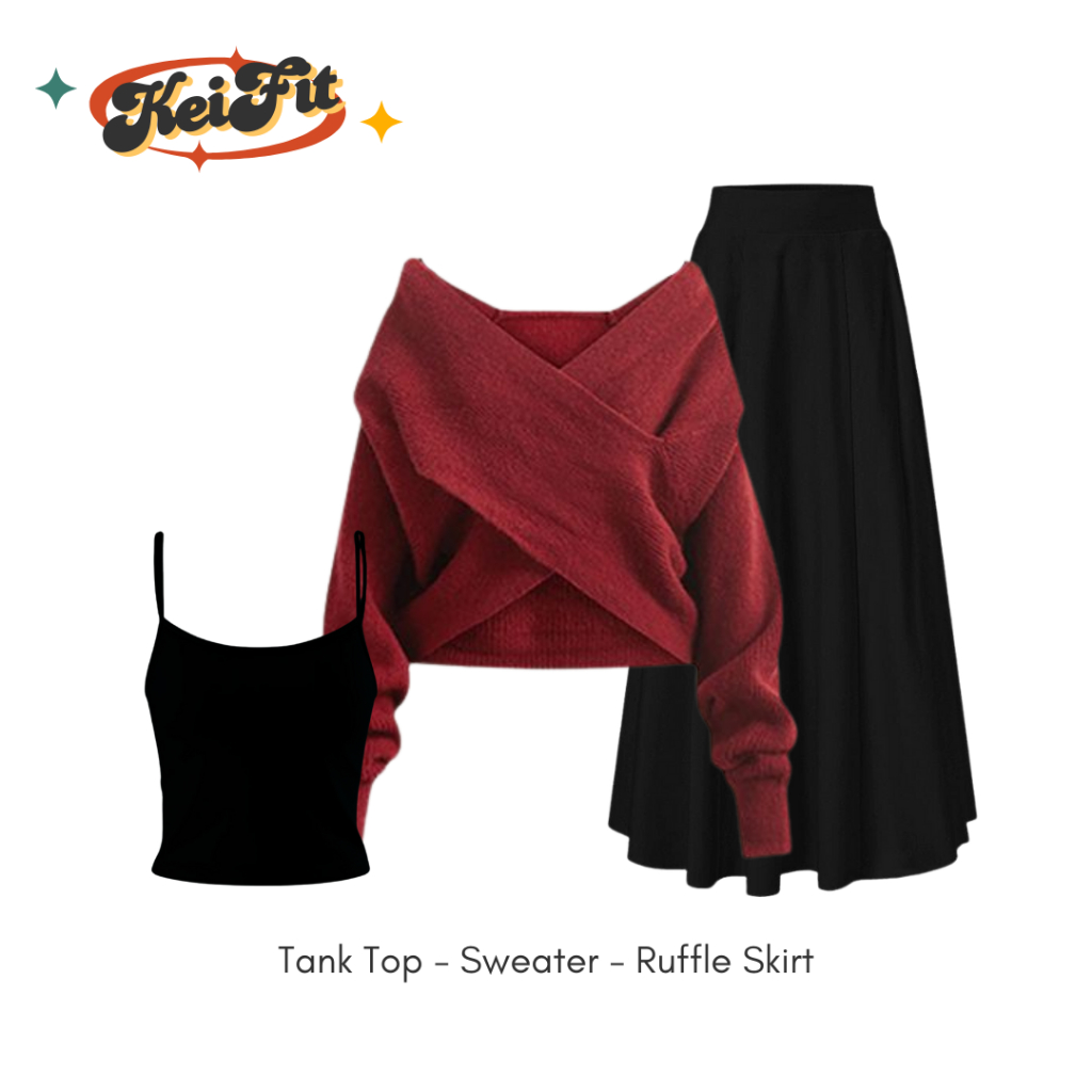Jual Redora Outfit 3in1 Set Sweater Maroon Tank Top Rok Susun Hitam One ...