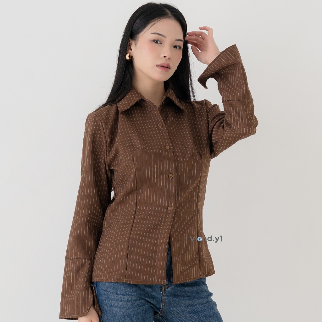 Blouse Fitted Salur Kemeja Wanita Longsleeve / Atasan Stripe Cewek Korea Slim Fit E.213
