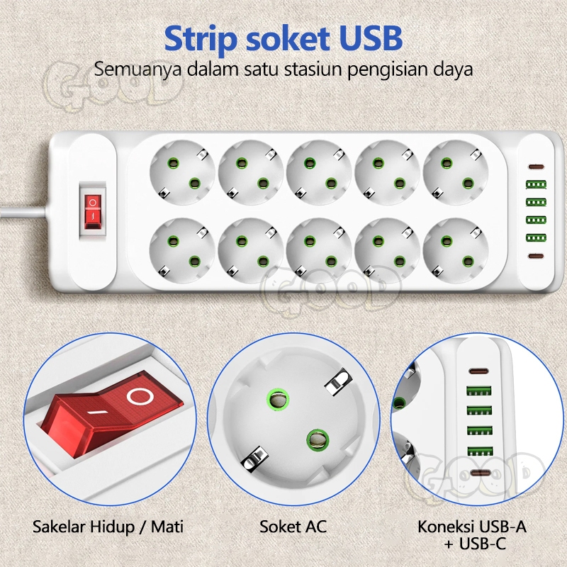 Gambar produk 2500W Stop Kontak USB Kabel Serbaguna Multiguna Panjang 2 Meter Original Power Socket Sakelar Independen dengan Power Socket 4 Port USB 10 Port Stop Kontak 2* Type-C Port 5