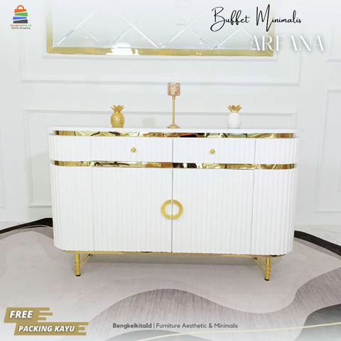 Meja Buffet Aesthetic Rak TV Kabinet Minimalis - MEJA ARFANA - Mewah List Gold Anti Rayap