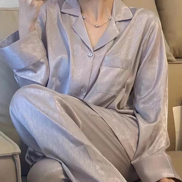 Set Piyama Wanita Berbahan Sutra Satin Jacquard Sleepwear Pajamas Long Sleeved Korean Style