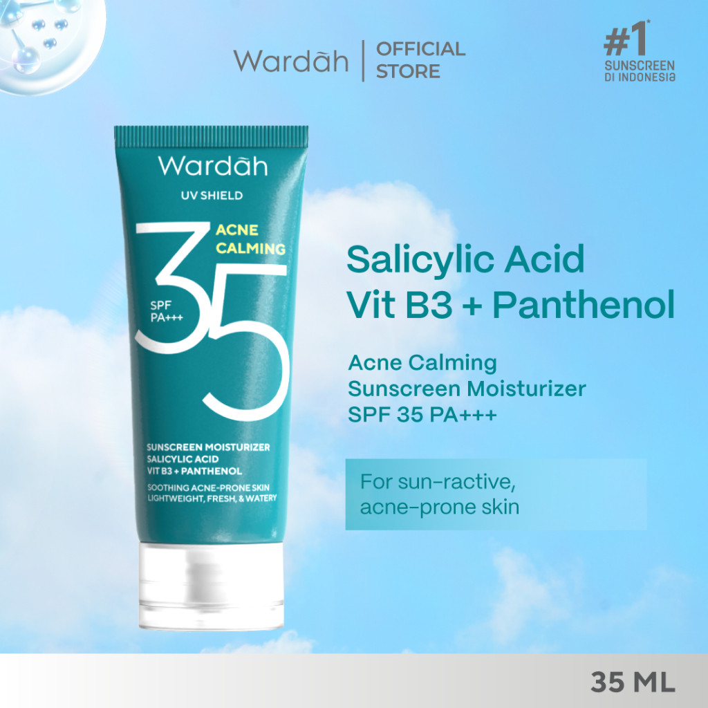 Wardah UV Shield Acne Calming Sunscreen Moisturizer SPF 35 PA+++ untuk komedo, jerawat dan bekas jerawat, kulit berminyak, tekstur gel ringan mudah meresap