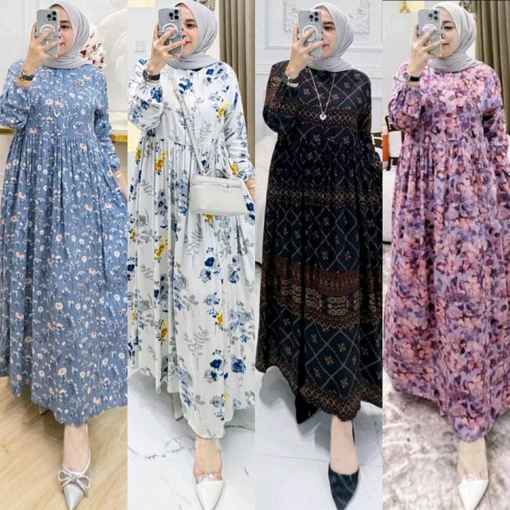 Gamis Midi Dress Rayon Premium Resleting Busui Lengan Karet Wanita Muslimah