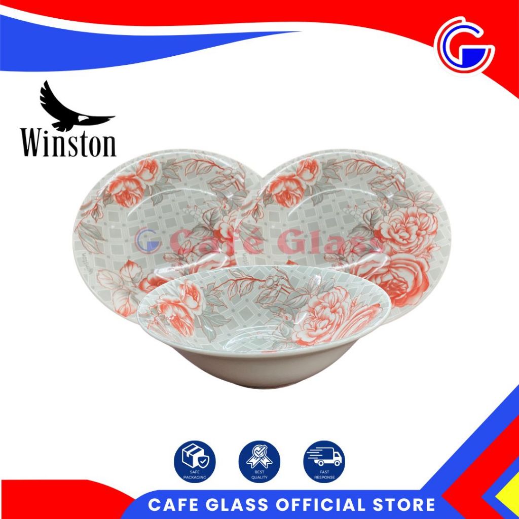 Mangkok 7 Bulat Keramik Winston Emerald Merah / Mangkok Bakso Aesthetic Motif Bunga