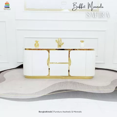 Meja Safira Buffet TV Minimalis Modern Aesthetic / Rak TV Mewah 140cm 2 Pintu 2 Laci Kayu Solid Duco List Gold