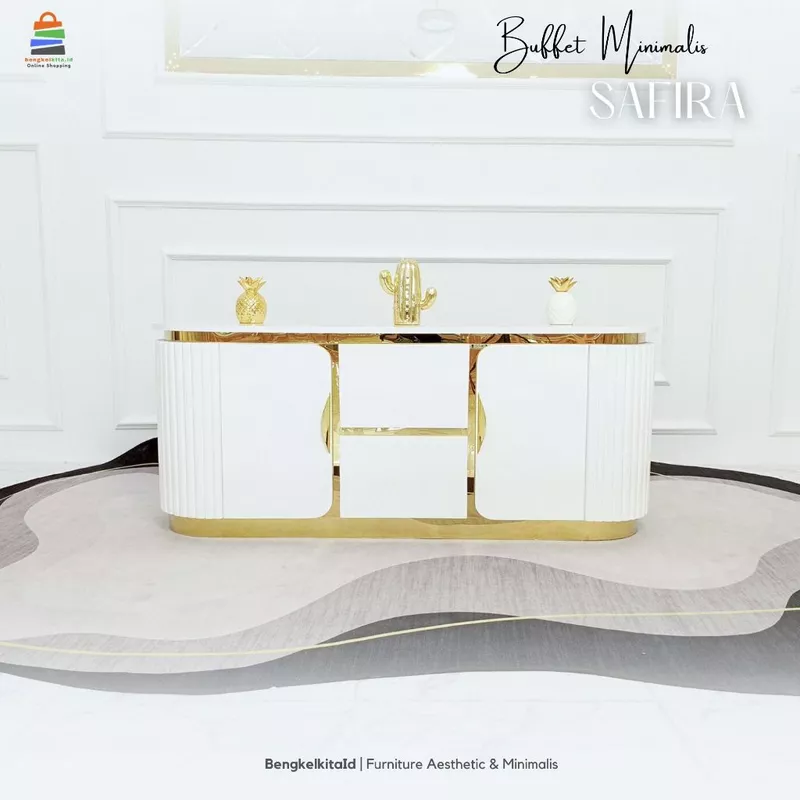 Meja Safira Buffet TV Minimalis Modern Aesthetic / Rak TV Mewah 140cm 2 Pintu 2 Laci Kayu Solid Duco List Gold