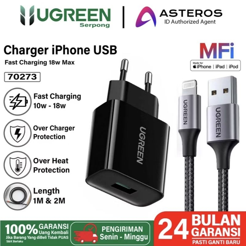 Ugreen 18W 10W USB A Charger With MFi Lightning Cable For Iphone 13 12 11  XR SE