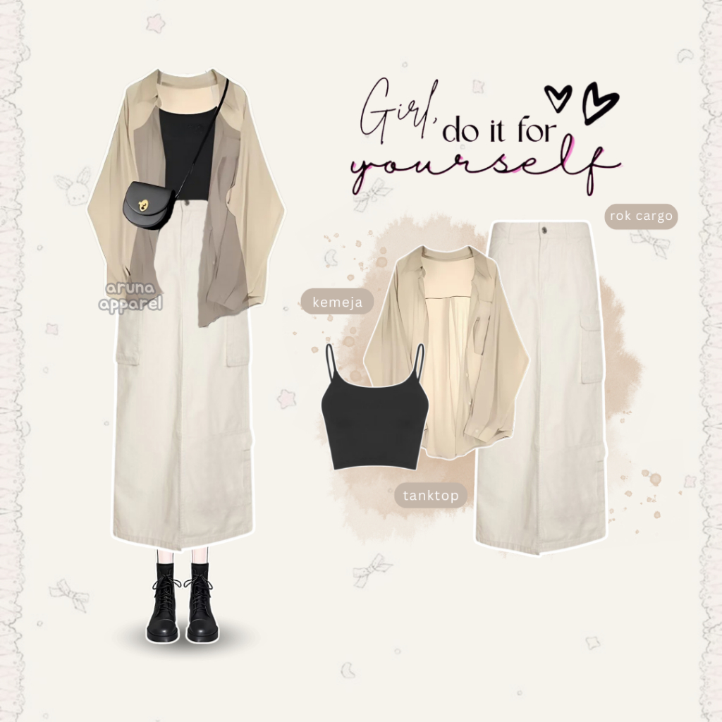 Jual One Set Korean Style (Tanktop,Kemeja,Rok Cargo) Outfit Hangout ...