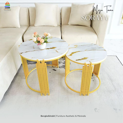 Meja Tamu Aesthetic Meja Bulat Set 2in1 - MEJA SORAYA - Samping Sofa Besi Holo Cat Duco