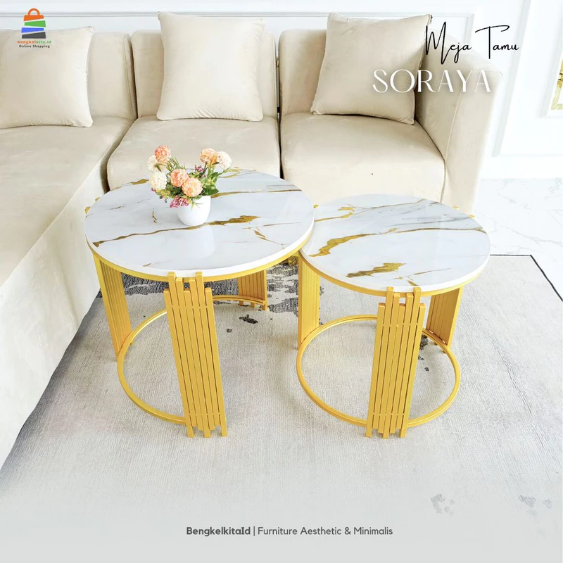 Meja Tamu Aesthetic Meja Bulat Set 2in1 - MEJA SORAYA - Samping Sofa Besi Holo Cat Duco