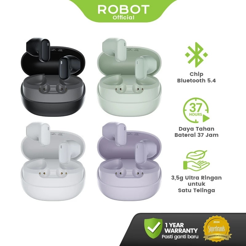ROBOT TWS Nova T1 Headset Bluetooth 5.4 Earphone Wireless with Gagang Mini 2 cm Garansi Resmi