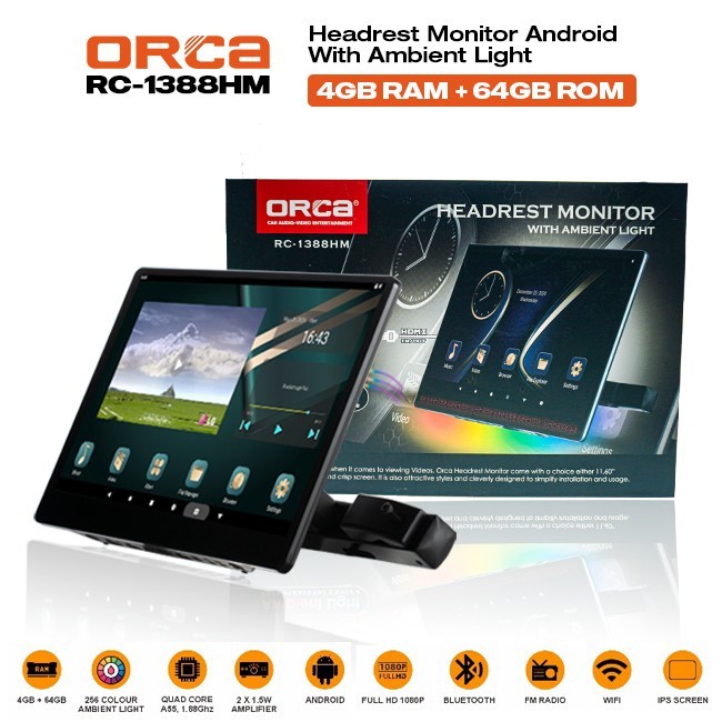 Jual Headrest Monitor Android ORCA RC-1388HM 11 Inch / 13 Inch Ram 4 ...