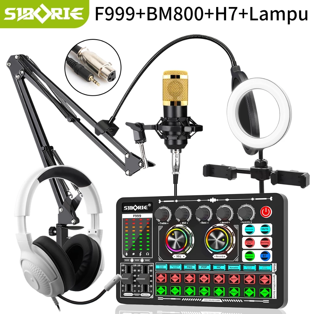 Siborie f999 soundcard+bm800 mic+h7 headphone + lampu for live streaming media