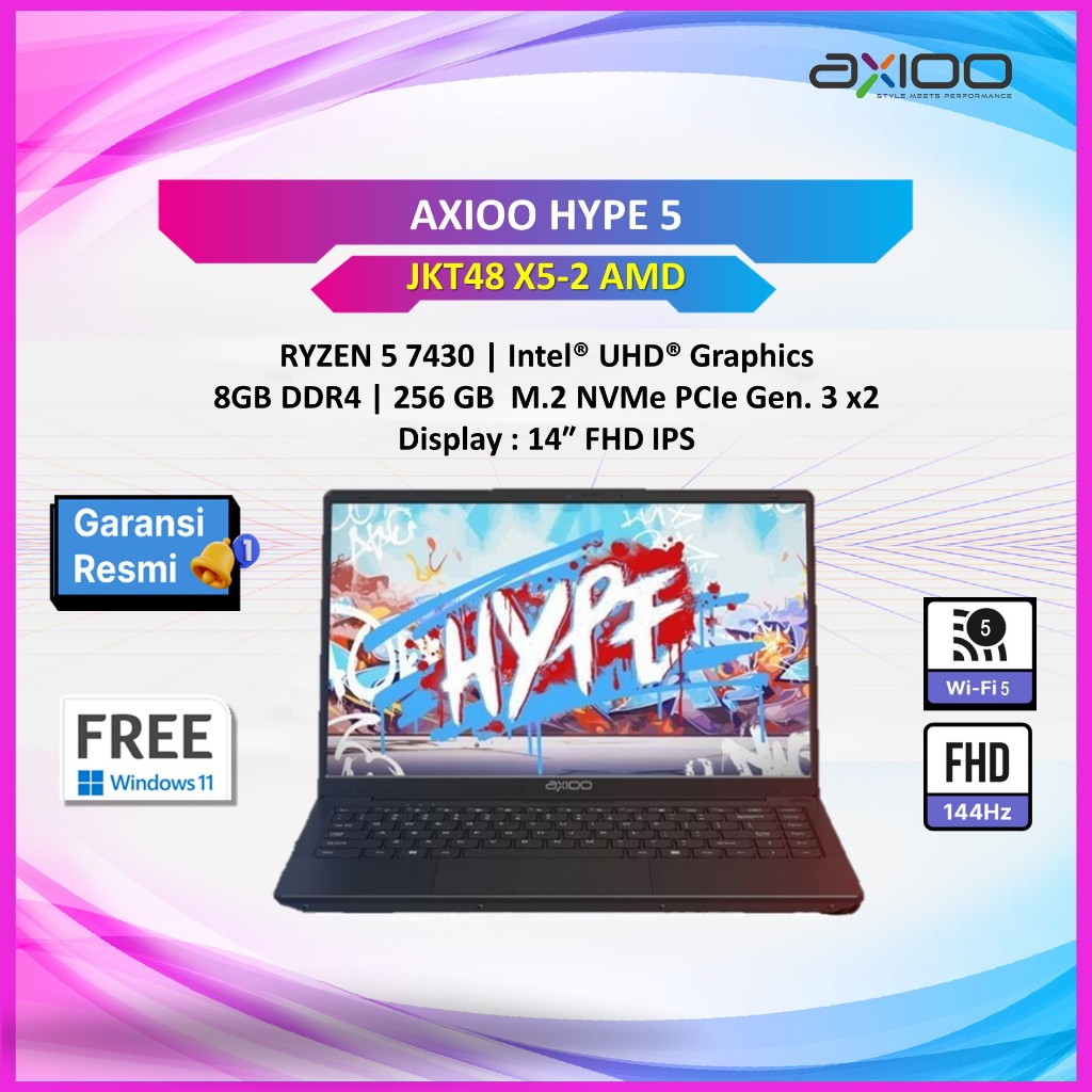 Jual AXIOO HYPE 5 AMD X5-2 RYZEN 5 7430 8GB/16GB 256GB DOS/W11 14