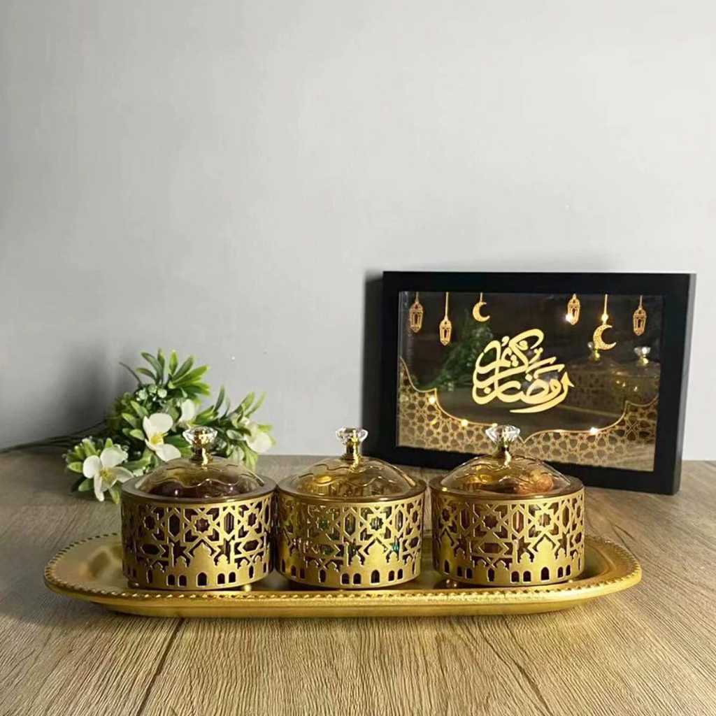 [8AVE] Pajangan Idul Fitri Tempat Penyimpanan Tempat Kurma Tempat Snack Nuansa Mesjid Idul Fitri Warna Emas Set
