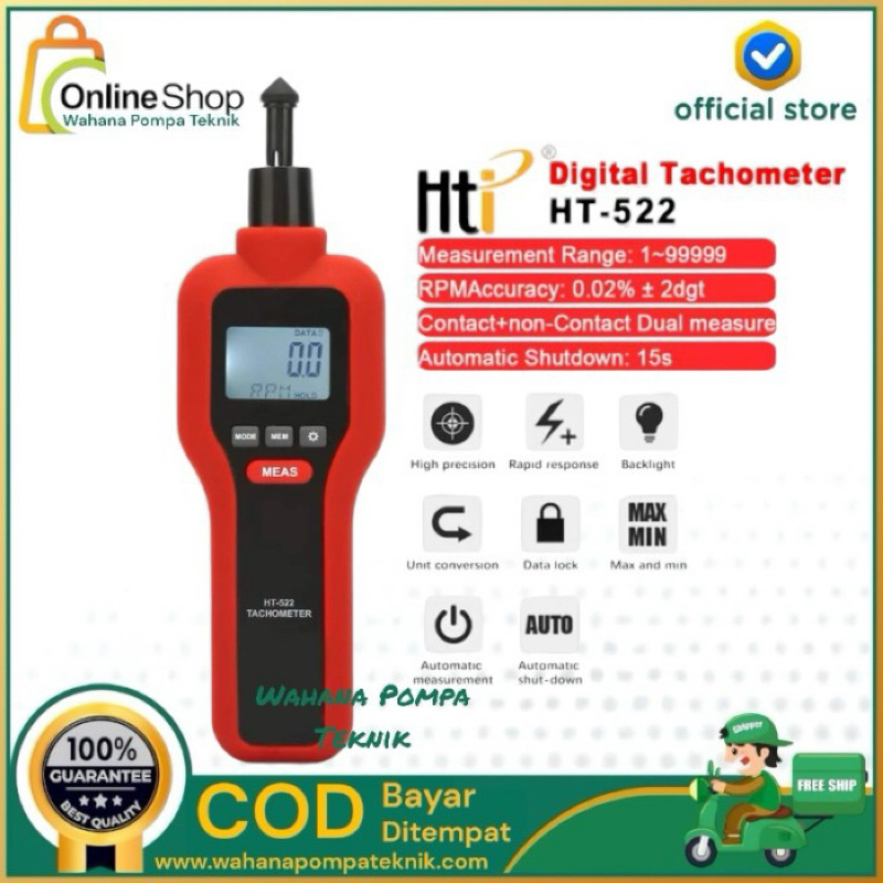Jual HTI HT-522 Handheld Digital Tachometer Contact and Photoelectric ...