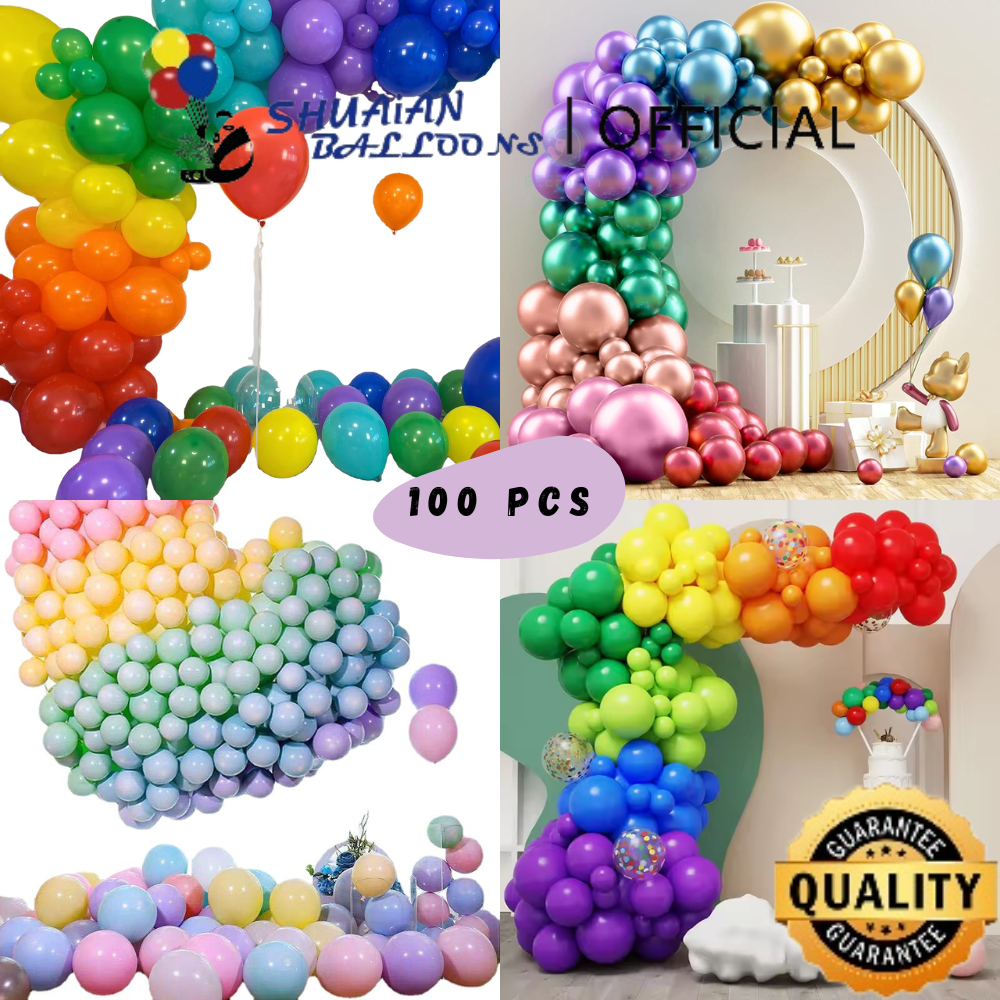 SHUAIAN Balon Latex Macaron Doff Metalik Chrome isi 100Pcs 12 Inch Balon Lateks Warna Warni Dekorasi Pernikahan Pesta Ulang Tahun