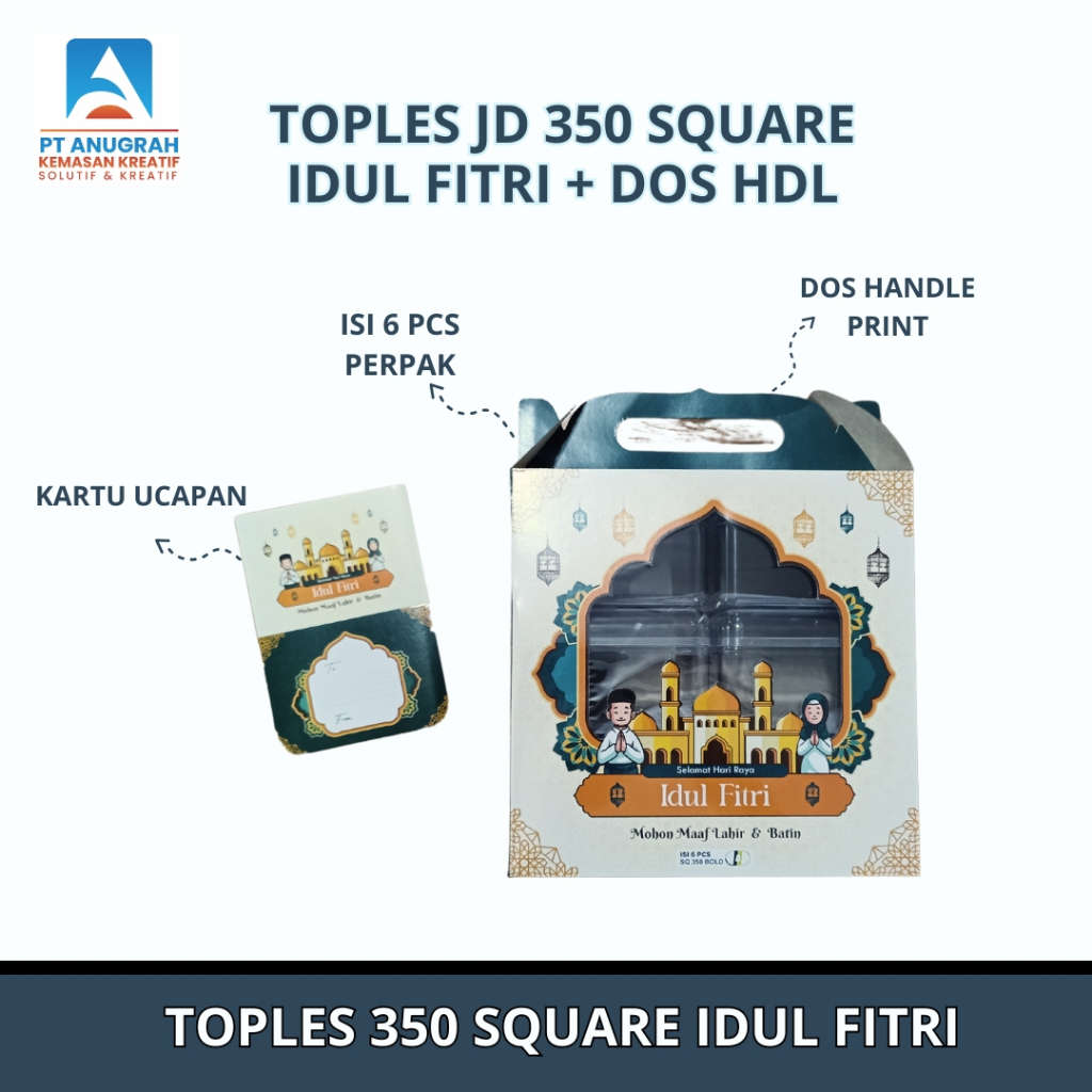 Toples Lebaran 350gr Kotak Square Motif Print Idul Fitri + Box Handle (6 Pcs/Pak) - Merk JD