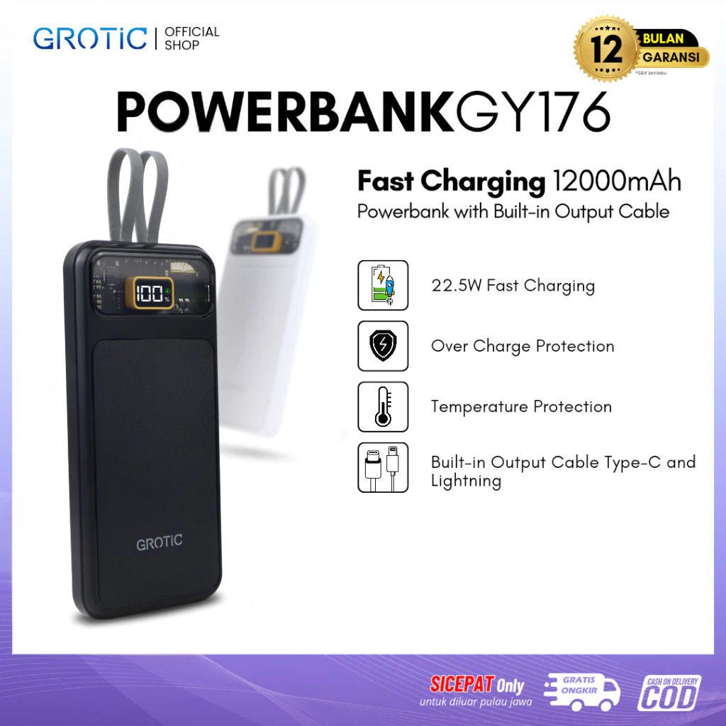 GROTIC Powerbank Fast Charging 12000mAh With Dual Port Type C And Lightning GY176