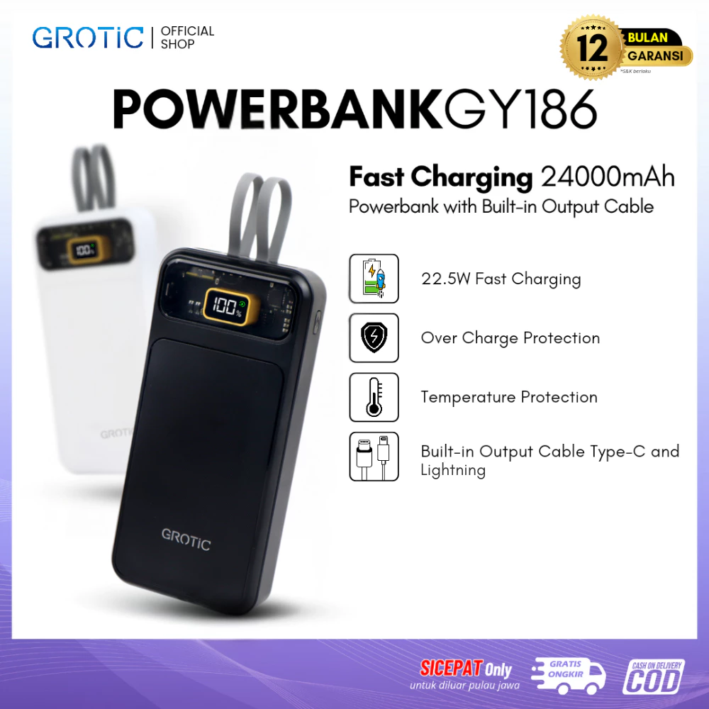 GROTIC Powerbank Fast Charging 24000mAh With Dual Port Type C And Lightning GY186