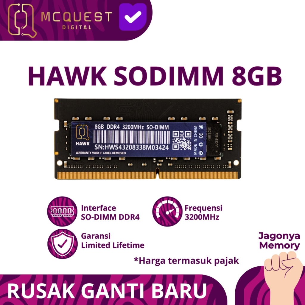 Jual McQuest Hawk Sodimm DDR4 PC25600 3200Mhz 8GB - Memory Ram Laptop ...