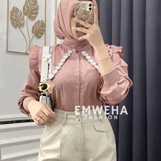 EMWEHA Blouse Wanita Kerah Renda Polo Linen Leora