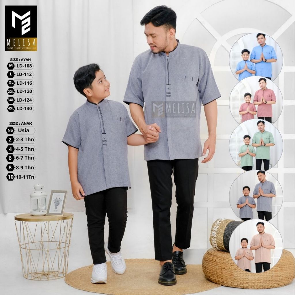Baju Koko Couple Ayah Dan Anak Bahan Katun Madinah Baju Muslim Pria Model Kemko Polos Lengan Pendek Warna Abu-abu