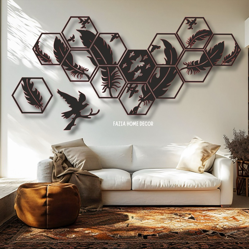 WALL DECOR HEXSAGONAL TEMA BURUNG 13 PANEL