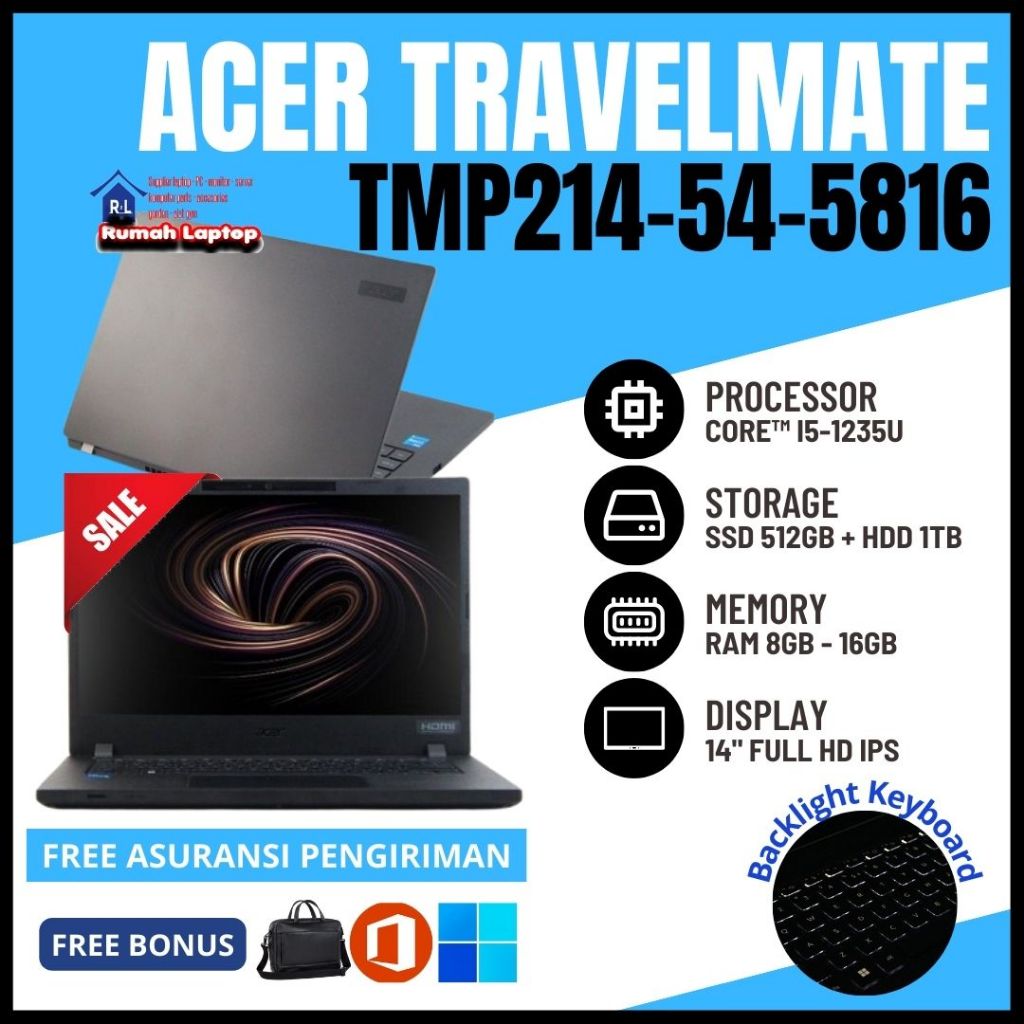Laptop Acer Travelmate P214 5816 Core I5 Gen12 Ram 16gb Ssd 512gb Hdd  1Tb 14